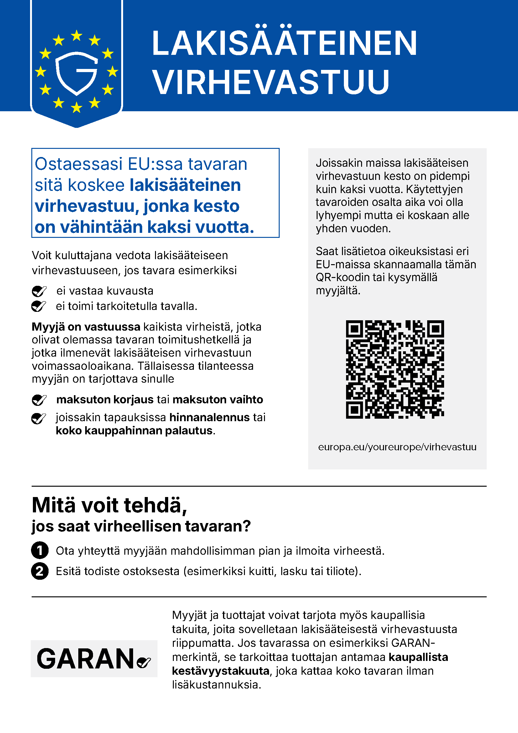 EU:n ilmoitus lakisääteisestä virhevastuusta