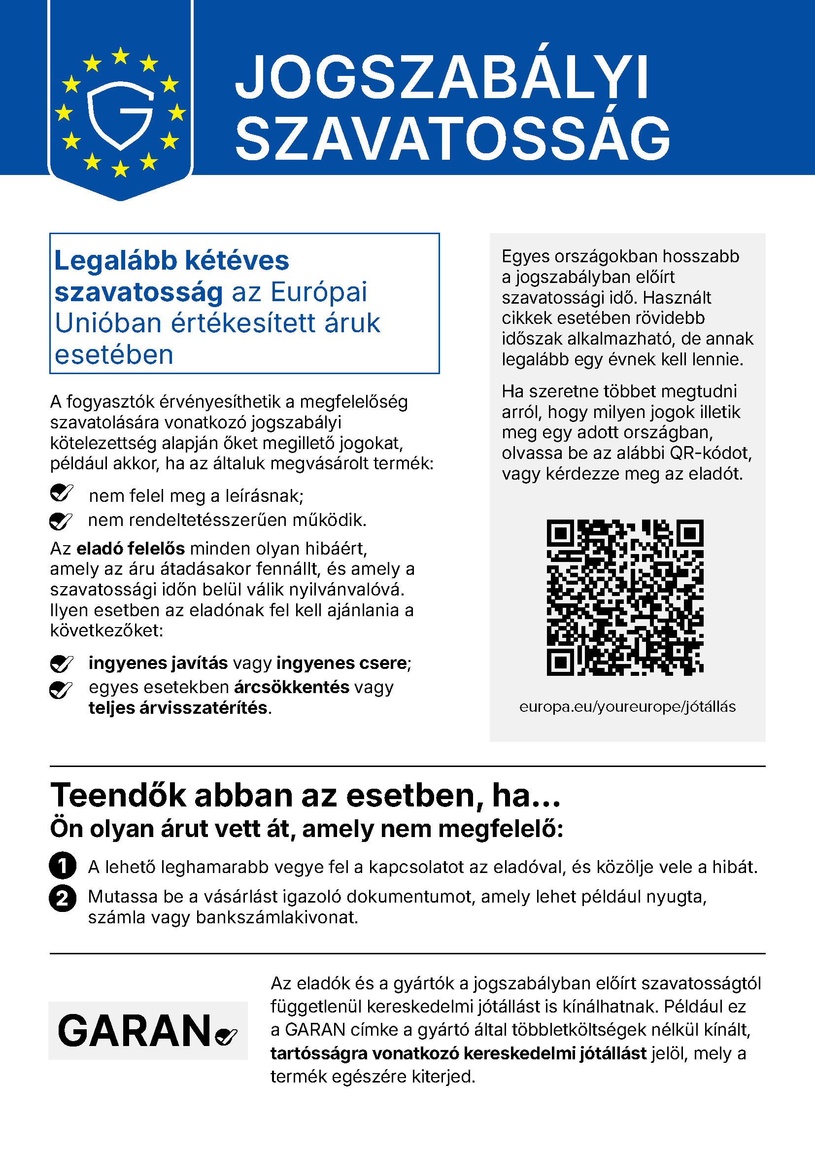 Uniós tájékoztató a jogszabályon alapuló kellékszavatosságról