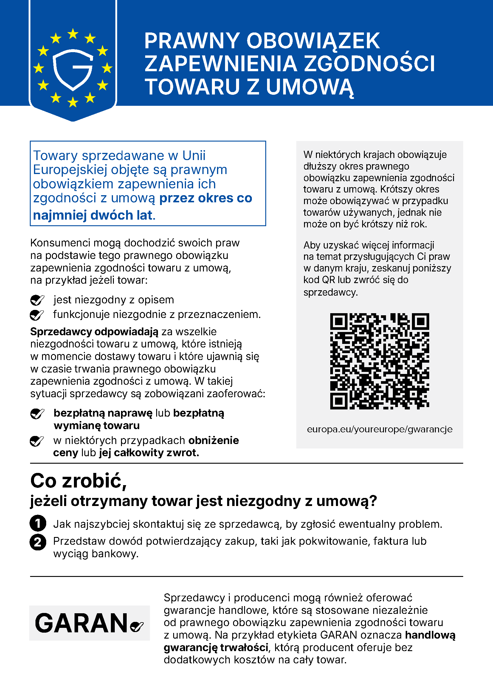 Informacja UE o gwarancji prawnej zgodności towaru z umową